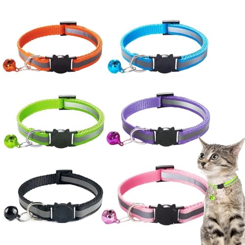 RTRTGS 6 Piezas Collar Gato Collar Reflectante Gato Seguridad Ajustable con Hebilla de Seguridad Collar Campana Gato,Collar Gato Pequeño Personalizado