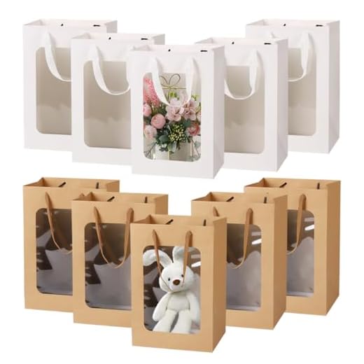 10 Stück Kleine Geschenktüten mit Fenster Papiertüten mit Henkel, 15X10X20Cm Kraftpapier Geschenktaschen mit Fenster, Wiederverwendbar Kraftpapier Tüten mit Henkel für Geburtstag, Party, Weiß/Braun