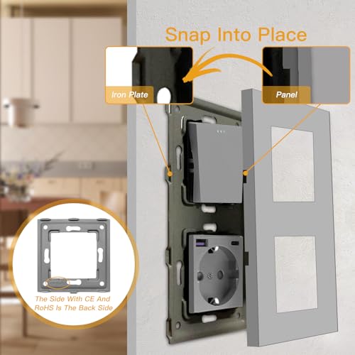 BSEED Lichtschalter mit USB C Steckdose Schnellladung 20W, 1 Fach 1 Weg Taste Schalter mit Schuko Steckdose unterputz, Wandschalter, PC Rahmen- Grau