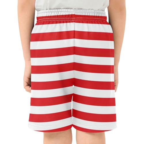 CHIFIGNO Red and White Stripes Youth Boys Outdoor Shorts Boys Everyday Wear Shorts with Pockets XS3