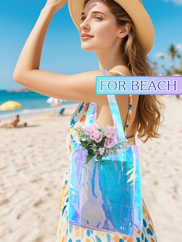 Woeoe Holographic Iridescent Tote Bag Clear Travel Beach Bags Waterproof Beach Bag Shoulder Handbag for Pool Travel2