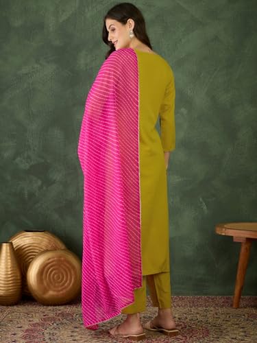 Image of Naixa Women's Rayon Embroidered Straight Kurta Set with Rayon Pant & Georgette Printed Dupatta | Festive, Party & Casual Ethnic Suit for Women(NX2-782)