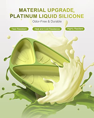 Brvtot Toddler Suction Plates For Baby, 100% Food Grade Silicone Baby Plates With Spoon & Fork Bpa Free, Divided Toddler Plate With Suction Microwave & Dishwasher Safe, Self Feeding Utensils Set Green #TOP4