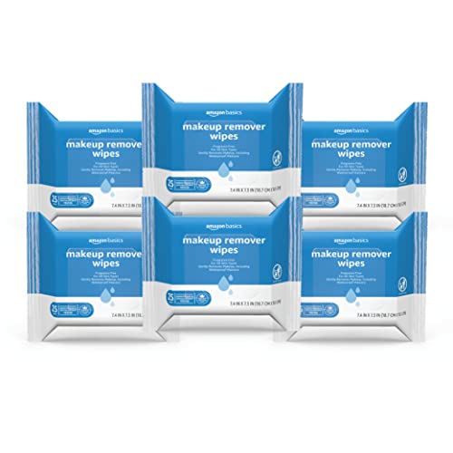 Amazon Basics Make Up Remover Wipes, Fragrance Free, 150 Count (6 Packs Of 25) (Previously Solimo) #TOP2