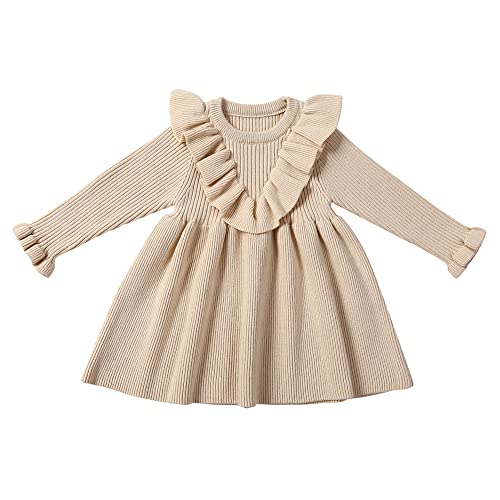 Xfglck Toddler Baby Girls Dress Knit Sweater Ruffle Long Sleeve Casual Dresses Fall Winter Outfit(Beige&Ruffle,0-6 Months) #TOP11