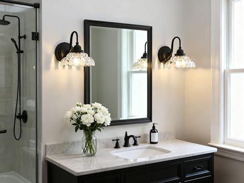 Image of Phansthy Antique Brass Wall Sconce Hardwired, Gooseneck 1-Light Single Vanity Wall Light with Umbrella-Shaped Clear Glass Shade, Wall Lamp for Bedroom Bedside Kitchen Hallway (Black)