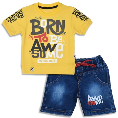 Image of Fancy Kids Pure Cotton T-Shirt And Denim Jeans Shorts Set For Boys