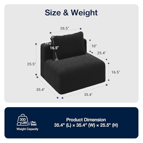 Avenco 35.4” Armless Modular Sofa Seat, Individually Wrapped Coil Support & Corduroy Fabric, Zero Assembly for Custom Sectional, Black