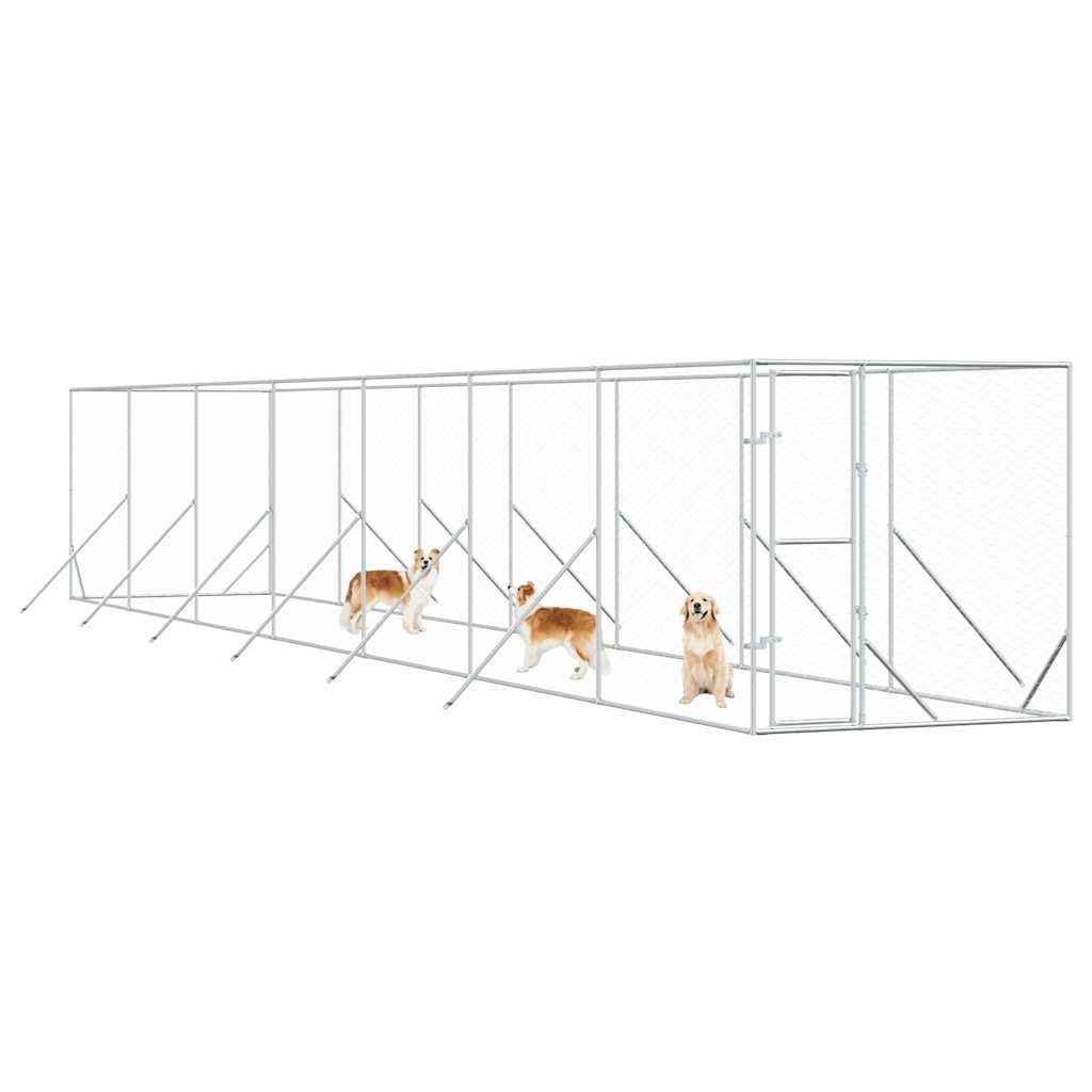 Perrera para perros de exterior plateada de acero galvanizado, 2 x 14 x 2 m, con puerta con cierre, para perros, cachorros, animales pequeños, resistente a la intemperie, estable como recinto