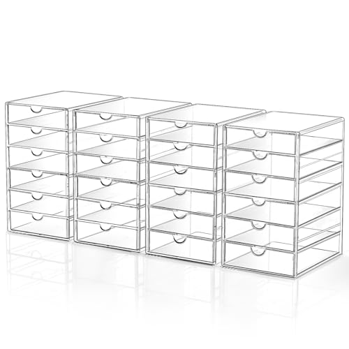 Makeup Drawer Storage Organizer with 24 Drawers 4 Set Acrylic Office Desk Organization and Storage Dustproof Drawer Organizer for Makeup Office Countertop Jewelry Pen Desktop Bathroom Bedroom