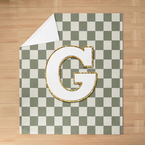 Image of Erosebridal Sage Green Checkered Fleece Blanket Throw 50 inchx60 inch Plaid Initial G Flannel Blanket Personalized Monogram Fuzzy Plush Throw for Kids Boys Girls,Fashion Grids Gingham Decor for Bed Couch