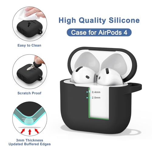 Image of Tobfit Case for AirPods 4 Case Cover 2024 with Lanyard & Keychain, Soft Silicone Protective Case for Apple AirPods 4th Generation, Full Protection, Support Wireless Charging - Black
