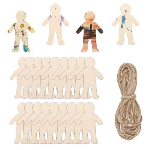 PATIKIL 4 Height Natural Wooden People Cutouts, 22Pcs Blank Male Shapes Unfinished Wood Hanging Ornaments & 6.6FT Jute Twine for DIY Crafts