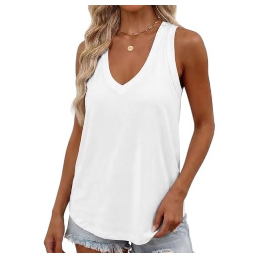 Smile Fish Women Summer Deep V Neck Tank Top Loose Fit Flowy Sleeveless Shirt Cotton White,L