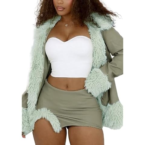 Women's Sexy Leather Skirt Sets Long Sleeve Cardigan Feather Trim Fur Jacket High Waisted Mini Skirt Set Cover
