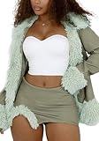 Women's Sexy Leather Skirt Sets Long Sleeve Cardigan Feather Trim Fur Jacket High Waisted Mini Skirt Set