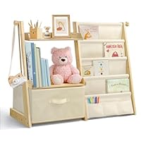 wooshwa Bücherregal Kinder Kinderzimmer Spielzeug Aufbewahrung mit 4 Regalebenen & Aufbewahrungsbox, Kinderregal Kinder Bücherregal für Regal kinderzimmer Spielzeug-Organizer - Beige