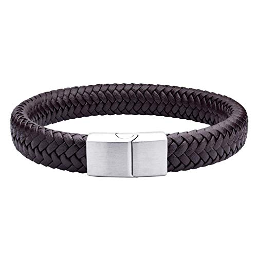 555Jewelry Mens Bracelets Leather and Steel, Magnetic Clasp Braided Brown Leather Bracelets for Men, Mens Leather Bracelet, Men Bracelets, Silver, 9 Inch