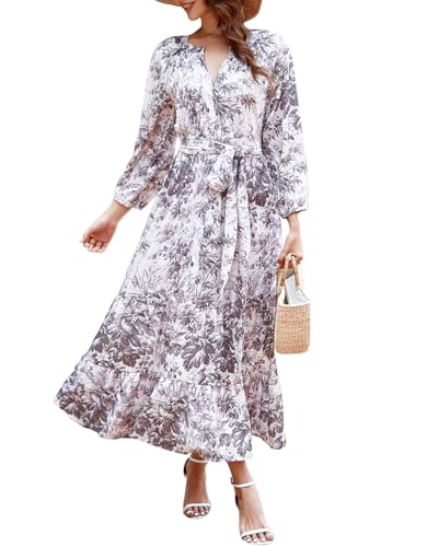 Image of YEXPINE Women's Ruffle Maxi Dress Puff Sleeve Flowy Tiered Long Dress with Belt