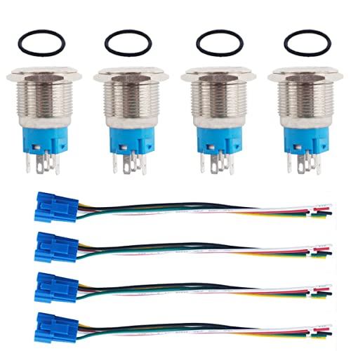Paialu 4 Stück 19 mm Rastschalter, 12V LED wasserdichter Edelstahl Runder Blauer Selbstsichernder Netzschalter Druckknopfschalter mit Drahtbuchsenstecker - 1NO1NC für 0,74" Montageloch Cover