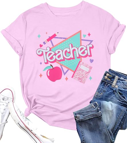 ALLTB Teacher Shirts for Women Vintage 80s 90s Teacher Life Tee Back to School Teacher Gift Casual Short Sleeve Tops