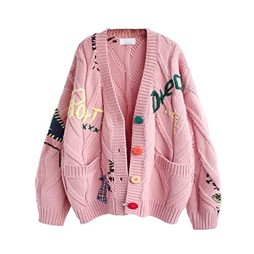 Image of yoeasy Women's Embroidery V Neck Knit Cardigan Sweater Loose Open Front Button Down Long Sleeve Sweater