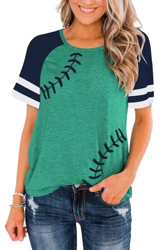 Sunidol Womens Baseball Tees Short Sleeve Raglan Shirt Crewneck Patchwork Casual Loose Comfy T-Shirts Cyan Green M