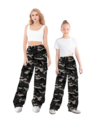Image of Girls Cargo Pants Elastic Waist Drawstring with Pockets Pants | 6-14 years High Waist Loose fit School Hiking Casual