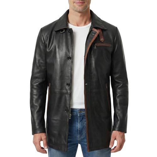Image of Decrum Car Coat Style Mens Leather Jacket - Real Lambskin Long Leather Jackets for Men