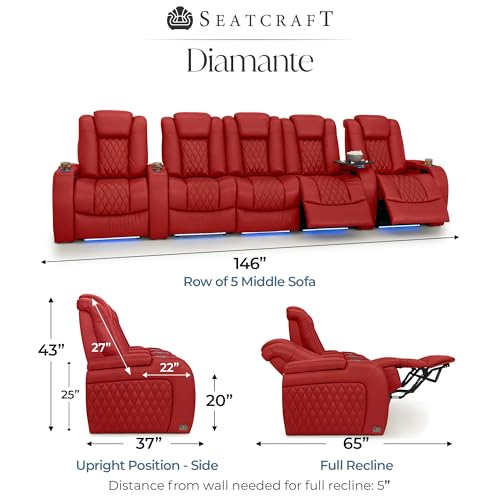 Image of Seatcraft Diamante Red Italian Leather Home Theater Seating, Zero Gravity Power Recliner Gaming and Home Office Chair, Powered Headrest Lounge Sofa Furniture for Cinema Room, Row of 5 Middle Sofa