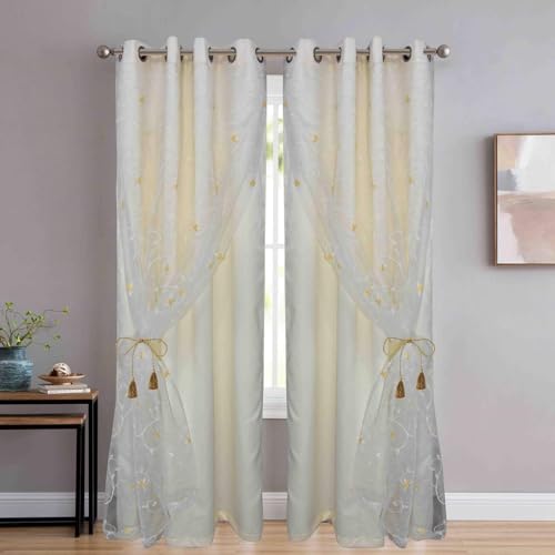 Image of Polyester Door Curtain Set of 2(7 Feet, White Embroidery + Ivory Blackout)