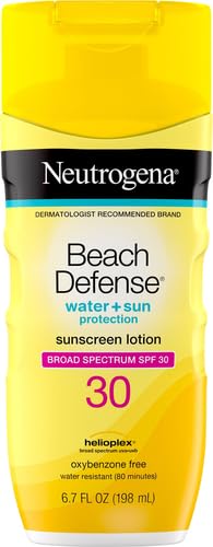 Image of Neutrogena Sunscreen Lotion Beach Defense SPF 30, Face and Body Sunscreen, Hawaii Reef Act 104 Compliant, Octinoxate & Oxybenzone Free, Oil Free, Fast Absorbing Sun Care, 6.7 fl. oz (Pack of 12)