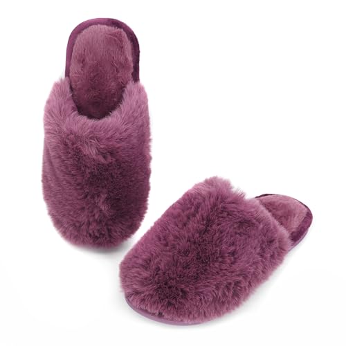 Onmygogo Damen Flauschige Hausflügel Fälschung Pelz Memory-Schaum Winterflügel Schnürlose Warmflügel für Erwachsene (Lila 38-39 EU)