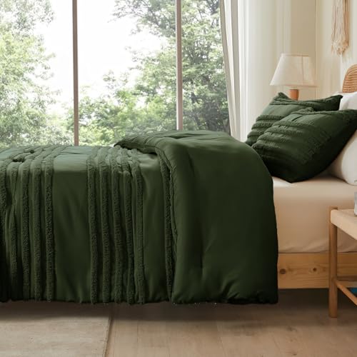 Image of BEDELITE Boho Comforter Set Queen Size, Olive Green Tufted Striped Bed Set 3 Pieces, Soft Vintage Farmhouse Comforter for All Seasons, Boho Home Decor,Fluffy Jacquard Bedding with 2 Pillow Shams