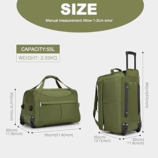 KONO Borsone da Viaggio con 2 ruote 55L Pieghevole Trolley Morbido Bagaglio a Mano per Weekender e Sport, Verde