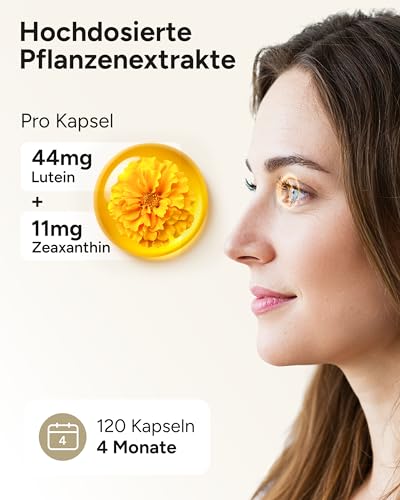 Lutein Zeaxanthin Kapseln - Augenvitamine hochdosiert mit 44mg Lutein + 11mg Zeaxanthin + 11mg Beta Carotin - 4 Monatsvorrat Augen Kapseln - Weitblick