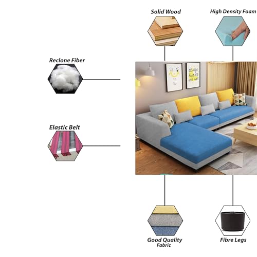 Image of Galib LHS 6 Seater L Shape Sofa Set for Living Room (Turquise Grey Fabric) Premium Fabric Sofa