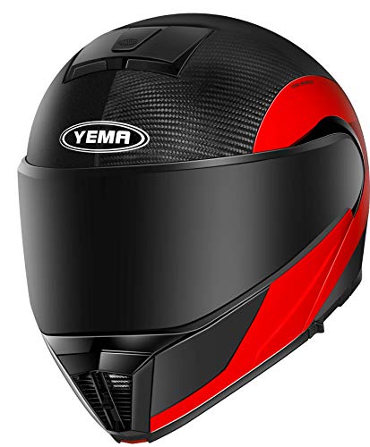 Motorcycle Modular Flip-Up Carbon Fiber Helmet Dot And Ece Approved - Yema Ym-930 Motorbike Moped Street Bike Racing Crash Helmet With Pinlock Visor For Adult, Men And Women - Red,L #TOP16