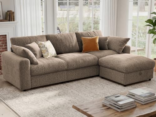 Image of Ihanherry Cloud Sectional Couches for Living Room, 110 inch Large Modular Sectional Sofa with Wide Deep Seat, L Shaped Couch with Throw Pillow and Storage Ottoman, Brown