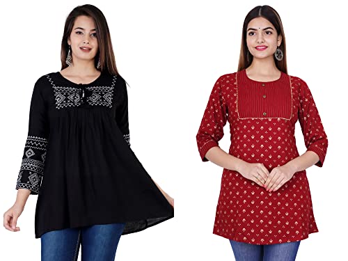 Image of Shiva Fab Short Kurti for Women | Embroidered Straight Rayon Kurta | Round Neck Full Sleeves Short Kurti for Women's Combo Pack of 2