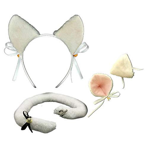 ZYMIADOU Orejas de gatito de felpa de anime, accesorios para el cabello con cola, diadema de lazo dulce, pinzas para el pelo, disfraz de sirvienta, cosplay, diadema para lavar la cara, guepardo