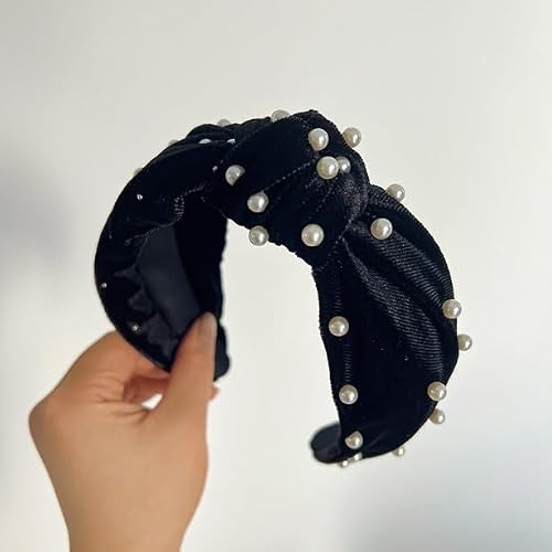 1Pc Navy balck Twisted Faux Pearl Beading Women Hair Hoop Wide Velvet Headband Headwear Nail Pearl Velvet Knotted,Fashion Headbands,Women's Fashion Headbands Beauty and Personal Care,Hair Care