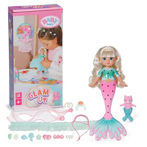 BABY Born Glam Up Sparkle Meerjungfrau mit Langen blonden Haaren mit UV-Farbeffekt zum Stylen mit Stoff-Accessoires und Pins inkl. Tier-Freund
