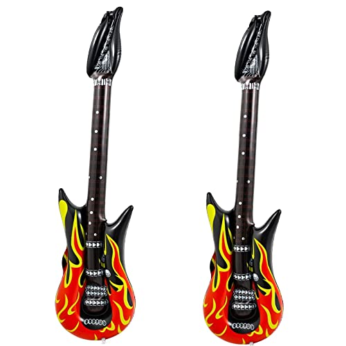 GYTFOG 2Pcs 35 Inch Inflatable Guitar Flame Design Guitar Fancy Dress Punk Rocker Party Accessories，Inflatable Rock Star Toy Set, Electric Blow Up Guitar for 80s 90s Themed Carnival Party