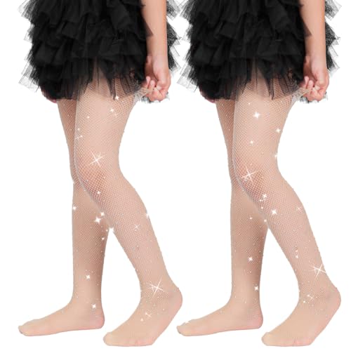 MANZI 2 Pairs Girls Fishnet Stockings Sparkle Rhinestone Fishnet Tights Kids Glitter Hollow Out Pantyhose