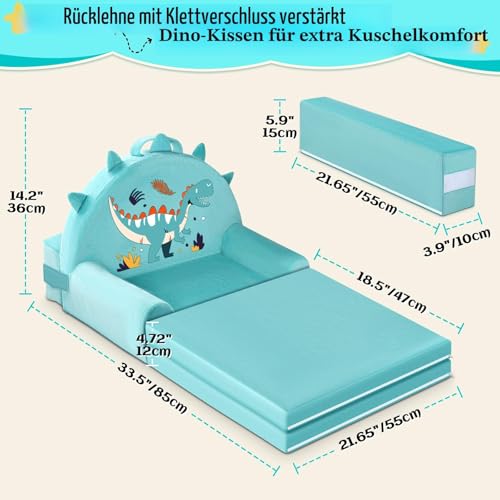 JUOIFIP Dinosaurier Kindersofa, Aufklappen 2 in 1 Mini Couch, 150cm Wweiches Kristall Samt Kleinkinder Spielsofa für Schlafzimmer Wohnzimmer, Spielzimmer, Geburtstag Geschenk für Jungen Mädchen