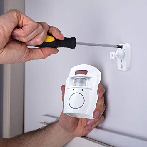 TRIXES Kabelloser Bewegungsmelder für Schuppen, Sicherheit zu Hause, batteriebetrieben, für Sommergaragen, Wohnwagen, Alarmanlage, mit 2 x Fernbedienung Weiß