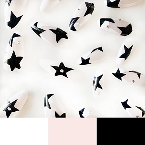 Misud Stiletto Press On Nails Medium Almond Fake Nails Glossy Glue On Nails White French Tip Acrylic Nails Black Star Artificial Nails 3D Rhinestone Stick On False Nails With Design Easter Nails 24 Pcs #TOP2