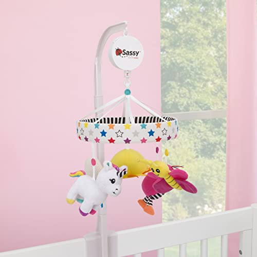 Sassy Baby Ulbright Unicorn Black, White, And Multi-Colored Developmental Plush Peek-A-Boo Mirror Musical Mobile #TOP1