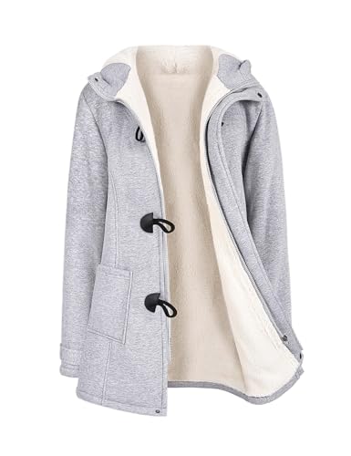 Nadeer Plüsch Jacken Für Damen Mantel Trenchcoat Kapuzenjacke Hornknöpfe Winter Parka Wollmäntel Winterjacke Fleece Hoodie Coat Kapuzen Wintermantel (Hellgrau,L)